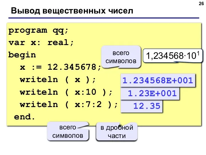 Вывод вещественных чисел program qq; var x: real; begin x :=