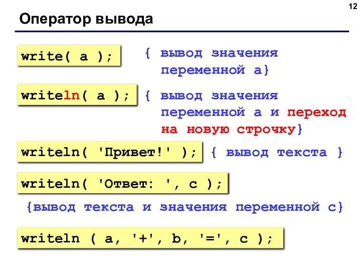 Оператор вывода { вывод значения переменной a} { вывод значения переменной