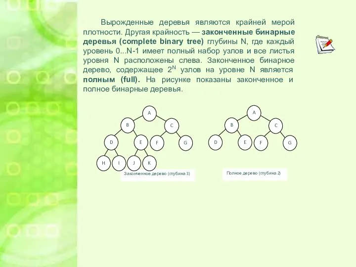 Вырожденные деревья являются крайней мерой плотности. Другая крайность — законченные бинарные