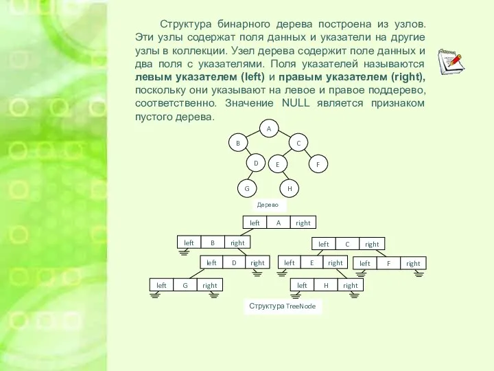 Структура бинарного дерева построена из узлов. Эти узлы содержат поля данных