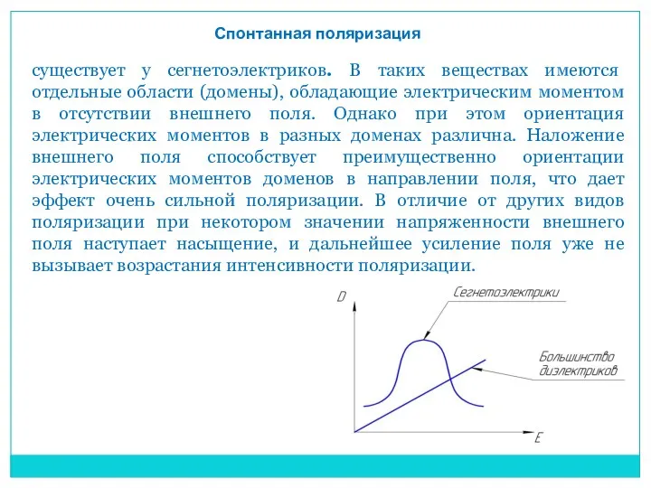 Спонтанная поляризация существует у сегнетоэлектриков. В таких веществах имеются отдельные области