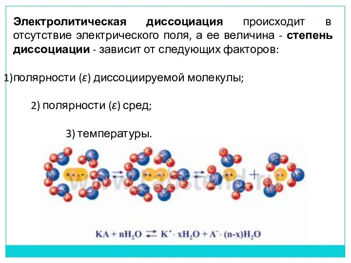 Электролитическая диссоциация происходит в отсутствие электрического поля, а ее величина -