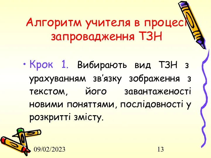 09/02/2023 Алгоритм учителя в процесі запровадження ТЗН Крок 1. Вибирають вид