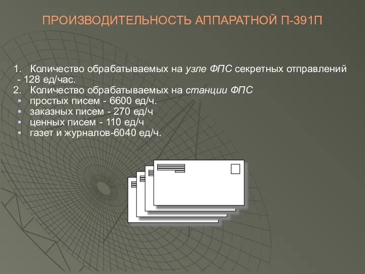 ПРОИЗВОДИТЕЛЬНОСТЬ АППАРАТНОЙ П-391П Количество обрабатываемых на узле ФПС секретных отправлений -