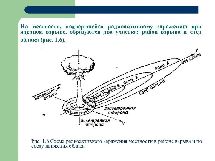 На местности, подвергшейся радиоактивному заражению при ядерном взрыве, образуются два участка: