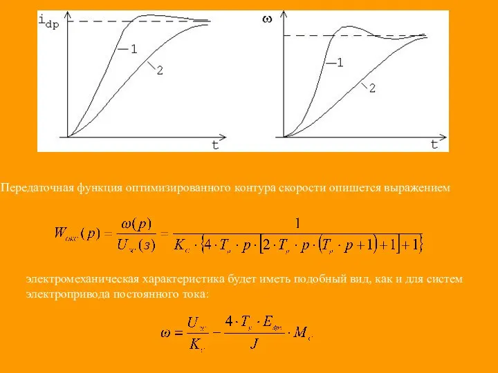 Передаточная функция оптимизированного контура скорости опишется выражением электромеханическая характеристика будет иметь