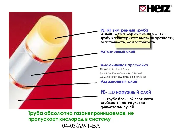 04-03/AWT-BA PE-RT внутренняя труба Адгезионный слой PE- HD наружный слой h: