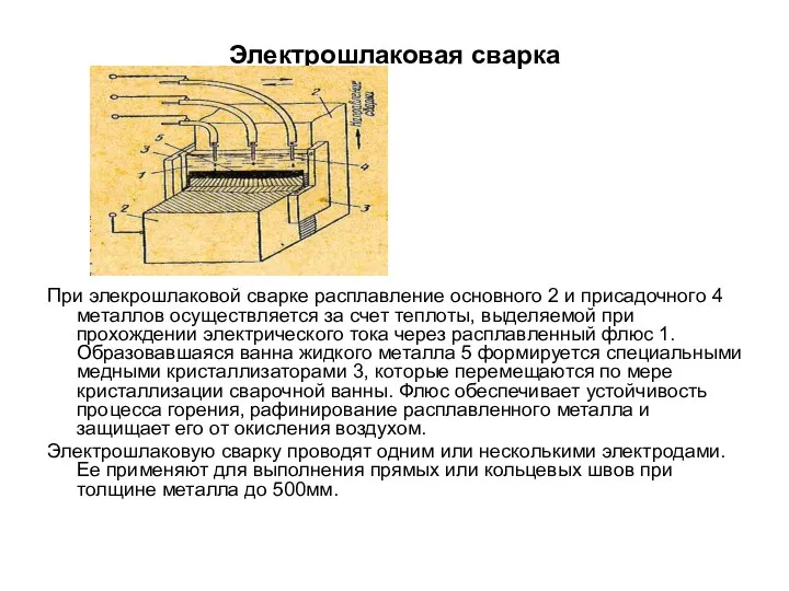 Электрошлаковая сварка При элекрошлаковой сварке расплавление основного 2 и присадочного 4