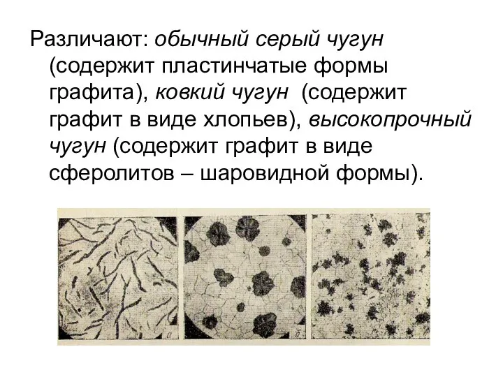 Различают: обычный серый чугун (содержит пластинчатые формы графита), ковкий чугун (содержит