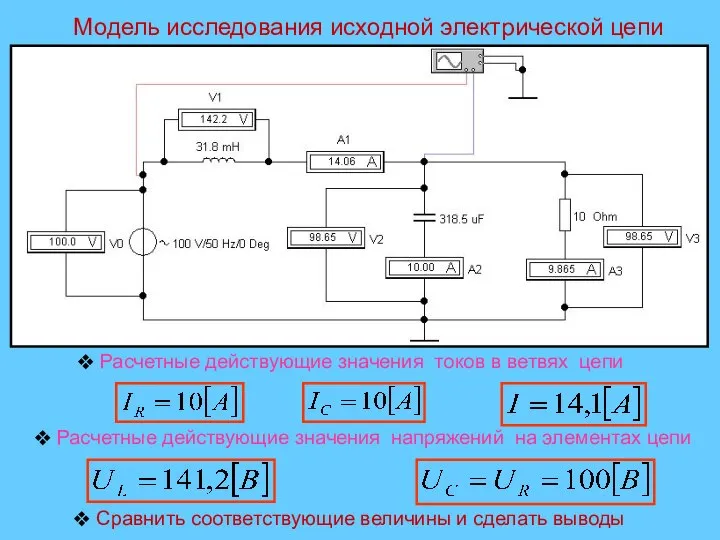 Модель исследования исходной электрической цепи Расчетные действующие значения токов в ветвях