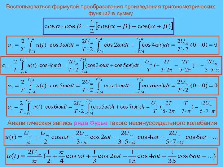 Воспользоваться формулой преобразования произведения тригонометрических функций в сумму Аналитическая запись ряда Фурье такого несинусоидального колебания