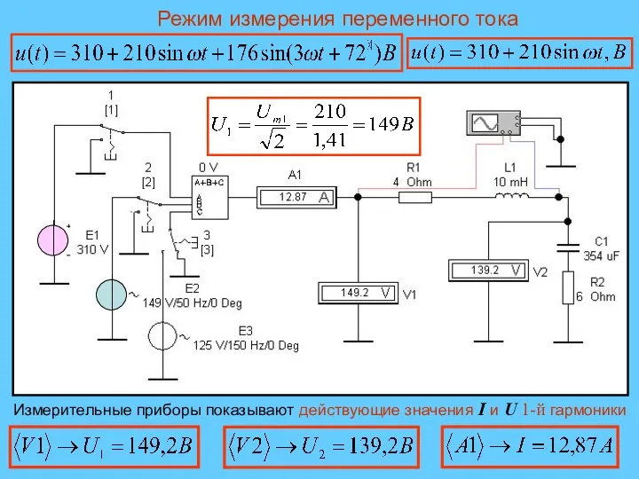 Режим измерения переменного тока Измерительные приборы показывают действующие значения I и U 1-й гармоники