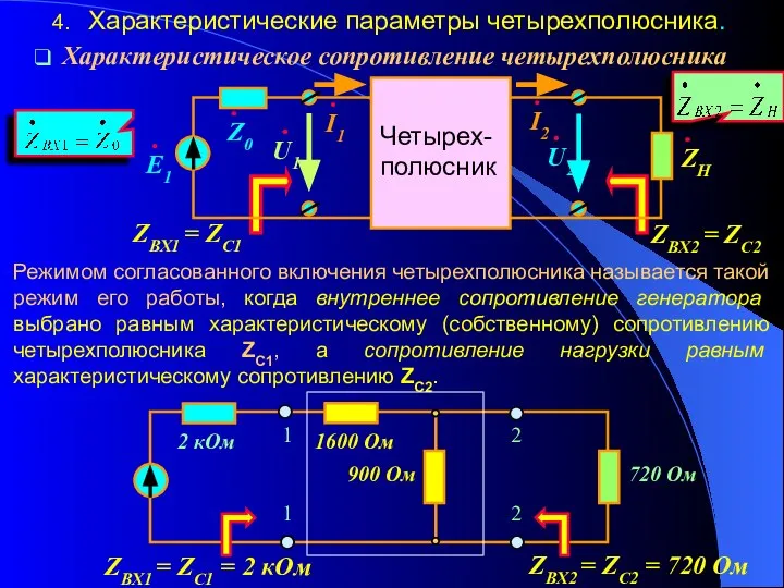 Характеристическое сопротивление четырехполюсника Режимом согласованного включения четырехполюсника называется такой режим его