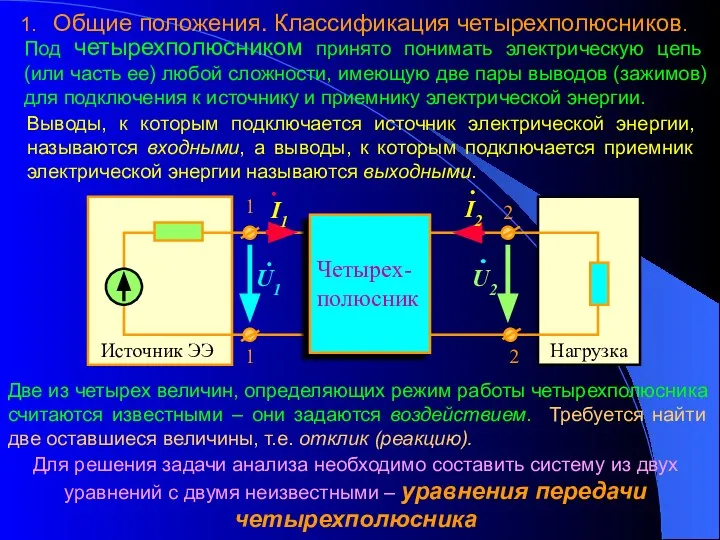 1. Общие положения. Классификация четырехполюсников. Под четырехполюсником принято понимать электрическую цепь