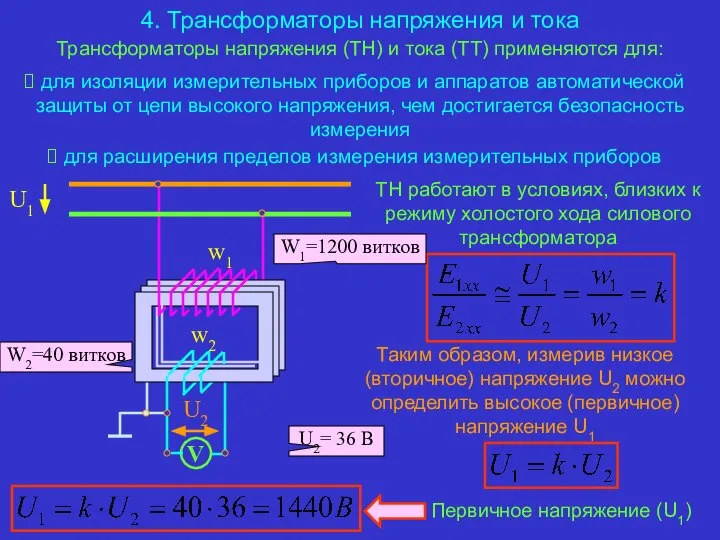 4. Трансформаторы напряжения и тока Первичное напряжение (U1) для изоляции измерительных