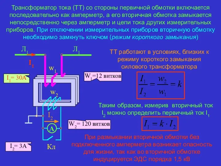 Трансформатор тока (ТТ) со стороны первичной обмотки включается последовательно как амперметр,