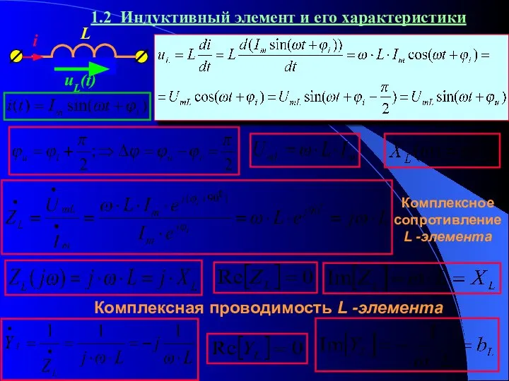 1.2 Индуктивный элемент и его характеристики Комплексное сопротивлениеL -элемента Комплексная проводимость L -элемента