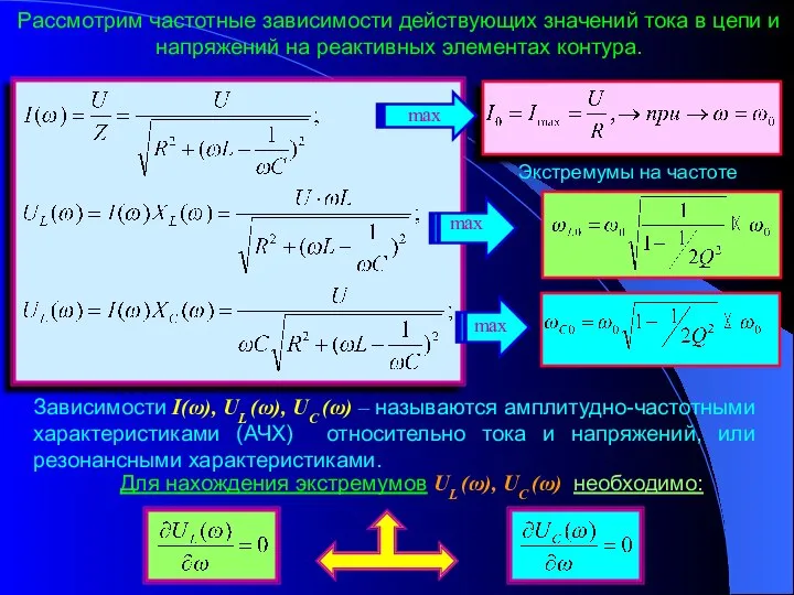 Рассмотрим частотные зависимости действующих значений тока в цепи и напряжений на