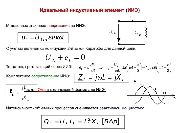 Идеальный индуктивный элемент (ИИЭ) Мгновенное значение напряжения на ИИЭ: С учетом