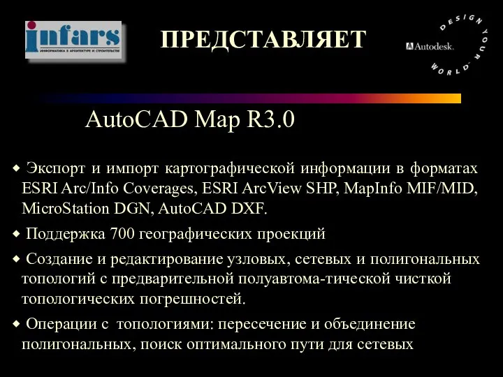 ПРЕДСТАВЛЯЕТ AutoCAD Map R3.0 Экспорт и импорт картографической информации в форматах