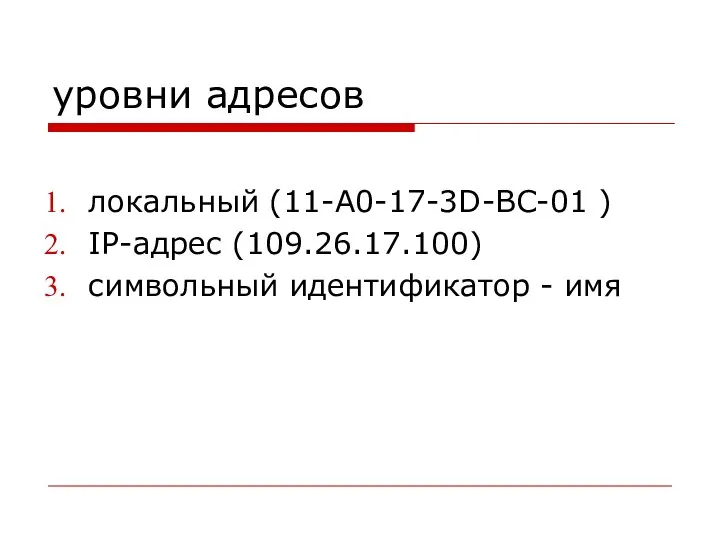 уровни адресов локальный (11-А0-17-3D-BC-01 ) IP-адрес (109.26.17.100) символьный идентификатор - имя