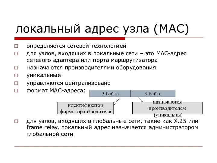 локальный адрес узла (MAC) определяется сетевой технологией для узлов, входящих в