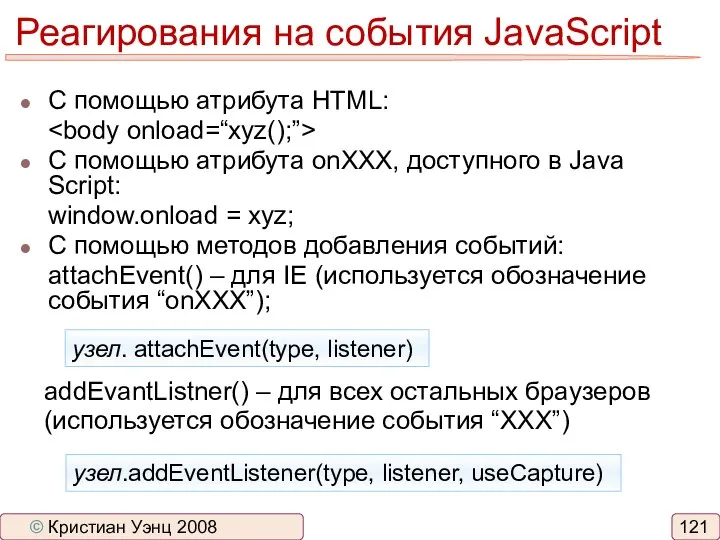 Реагирования на события JavaScript узел.addEventListener(type, listener, useCapture) addEvantListner() – для всех