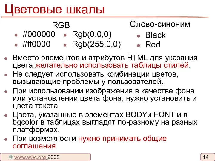 Цветовые шкалы Black Red RGB Слово-синоним © www.w3c.org 2008 #000000 #ff0000