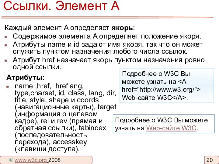 Ссылки. Элемент А Каждый элемент A определяет якорь: Содержимое элемента A