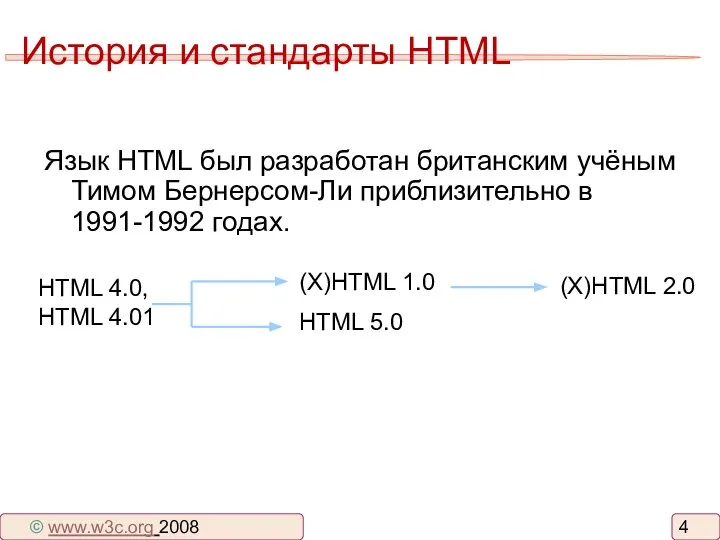 История и стандарты HTML Язык HTML был разработан британским учёным Тимом