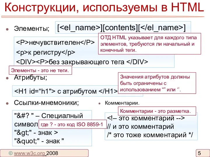 Конструкции, используемы в HTML Элементы; Атрибуты; Ссылки-мнемоники; нечувствителен к регистру без