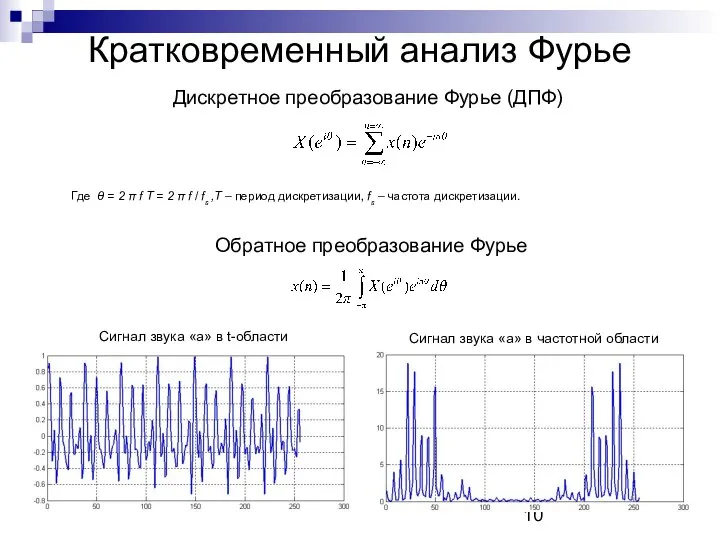 Кратковременный анализ Фурье Дискретное преобразование Фурье (ДПФ) Где θ = 2