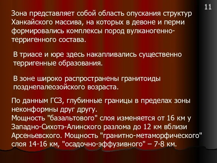 Зона представляет собой область опускания структур Ханкайского массива, на которых в