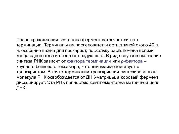 После прохождения всего гена фермент встречает сигнал терминации. Терминальная последовательность длиной