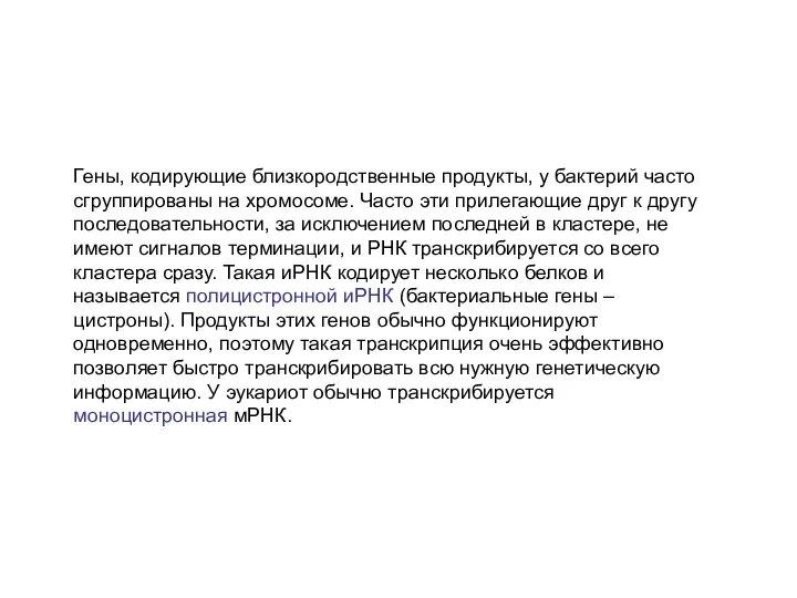 Гены, кодирующие близкородственные продукты, у бактерий часто сгруппированы на хромосоме. Часто