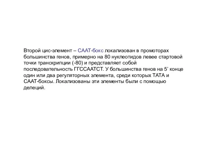 Второй цис-элемент – СААТ-бокс локализован в промоторах большинства генов, примерно на