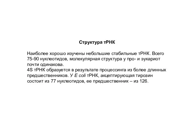 Структура тРНК Наиболее хорошо изучены небольшие стабильные тРНК. Всего 75-90 нуклеотидов,