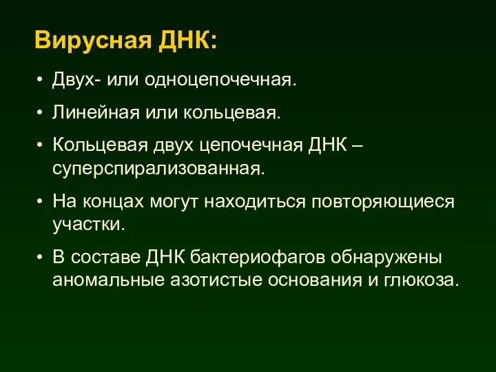 Вирусная ДНК: Двух- или одноцепочечная. Линейная или кольцевая. Кольцевая двух цепочечная