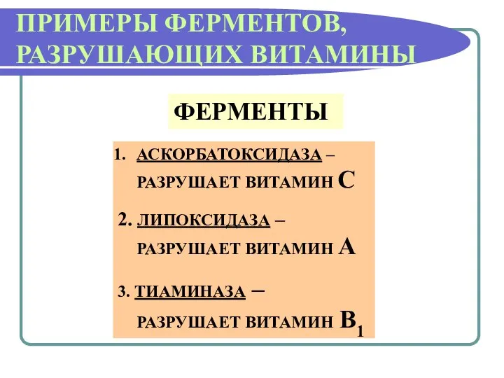 ПРИМЕРЫ ФЕРМЕНТОВ, РАЗРУШАЮЩИХ ВИТАМИНЫ ФЕРМЕНТЫ АСКОРБАТОКСИДАЗА – РАЗРУШАЕТ ВИТАМИН С 2.