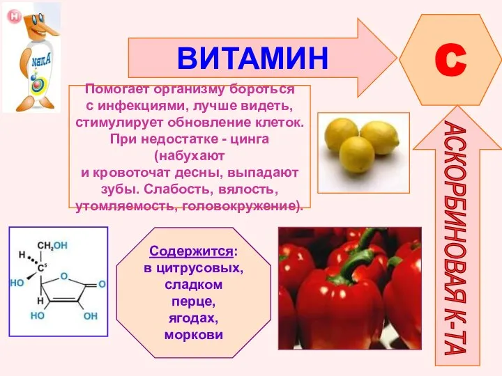 ВИТАМИН C АСКОРБИНОВАЯ К-ТА Помогает организму бороться с инфекциями, лучше видеть,