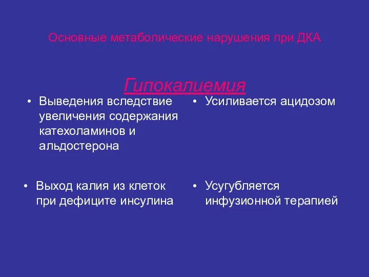 Основные метаболические нарушения при ДКА Гипокалиемия Выведения вследствие увеличения содержания катехоламинов