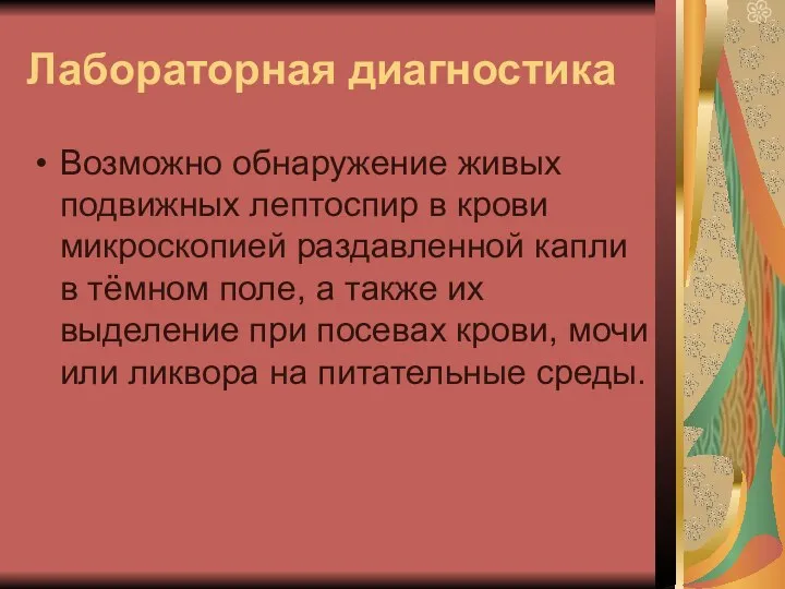 Лабораторная диагностика Возможно обнаружение живых подвижных лептоспир в крови микроскопией раздавленной