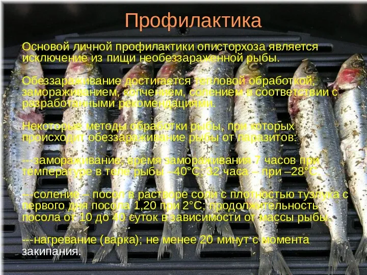 Профилактика Основой личной профилактики описторхоза является исключение из пищи необеззараженной рыбы.