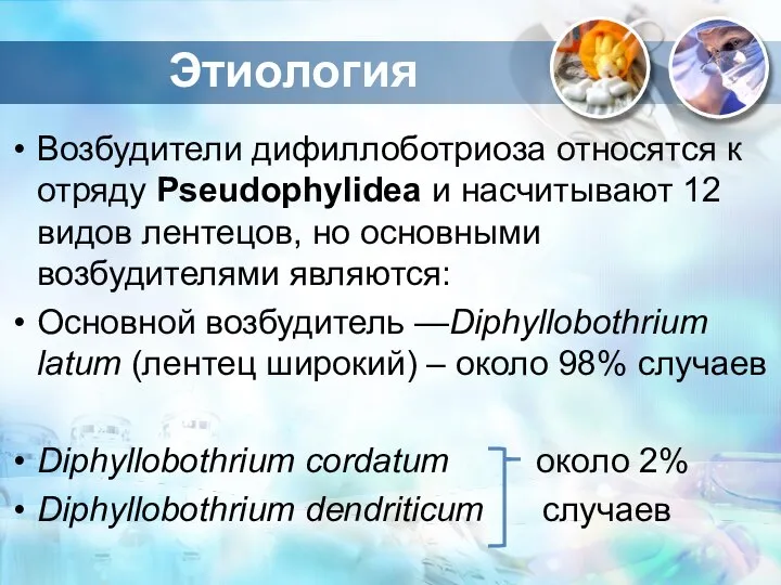 Этиология Возбудители дифиллоботриоза относятся к отряду Pseudophylidea и насчитывают 12 видов