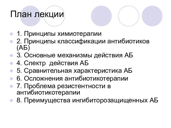 План лекции 1. Принципы химиотерапии 2. Принципы классификации антибиотиков (АБ) 3.