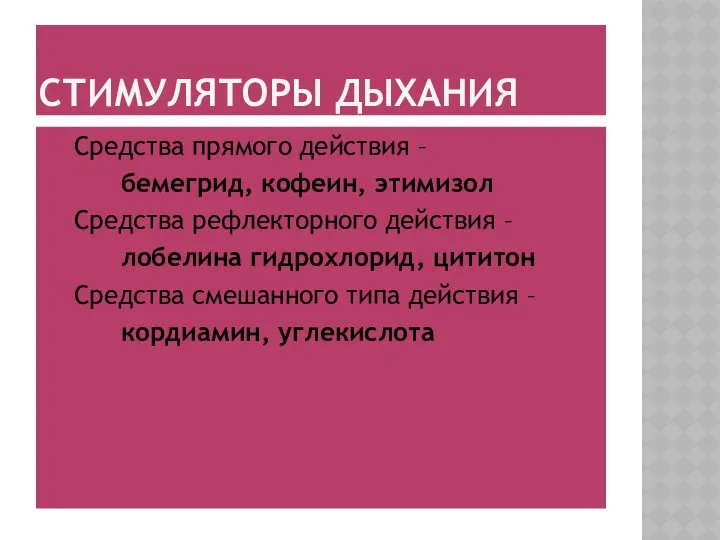 СТИМУЛЯТОРЫ ДЫХАНИЯ Средства прямого действия – бемегрид, кофеин, этимизол Средства рефлекторного