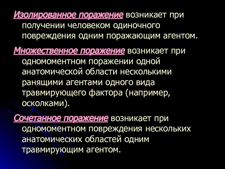 Изолированное поражение возникает при получении человеком одиночного повреждения одним поражающим агентом.