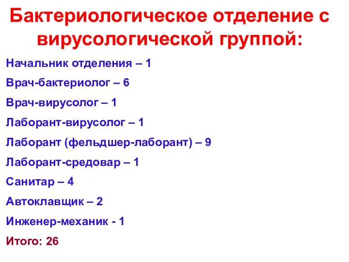 Бактериологическое отделение с вирусологической группой: Начальник отделения – 1 Врач-бактериолог –