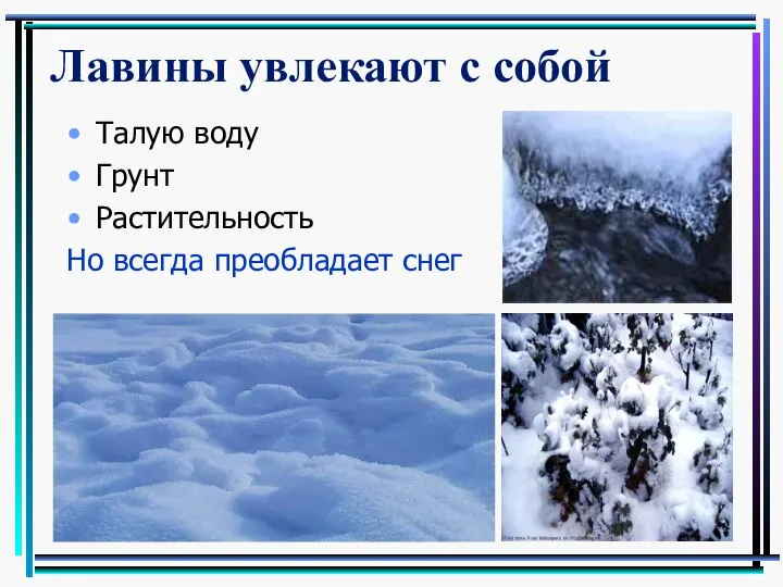 Талую воду Грунт Растительность Но всегда преобладает снег Лавины увлекают с собой