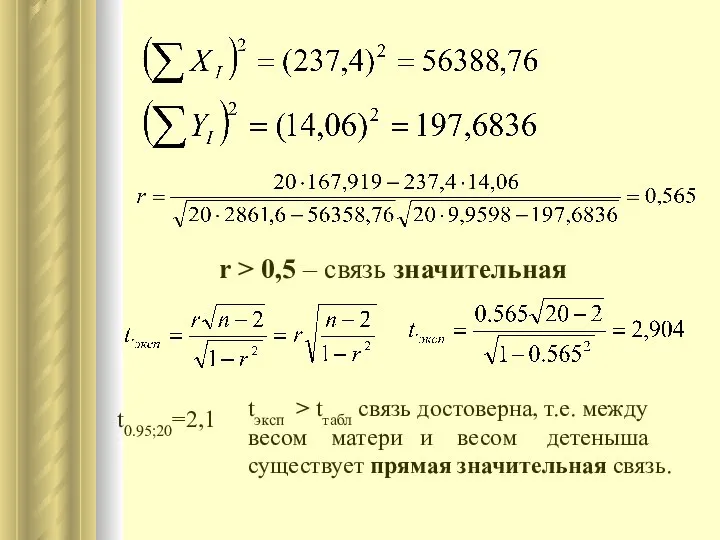 r > 0,5 – связь значительная t0.95;20=2,1 tэксп > tтабл связь